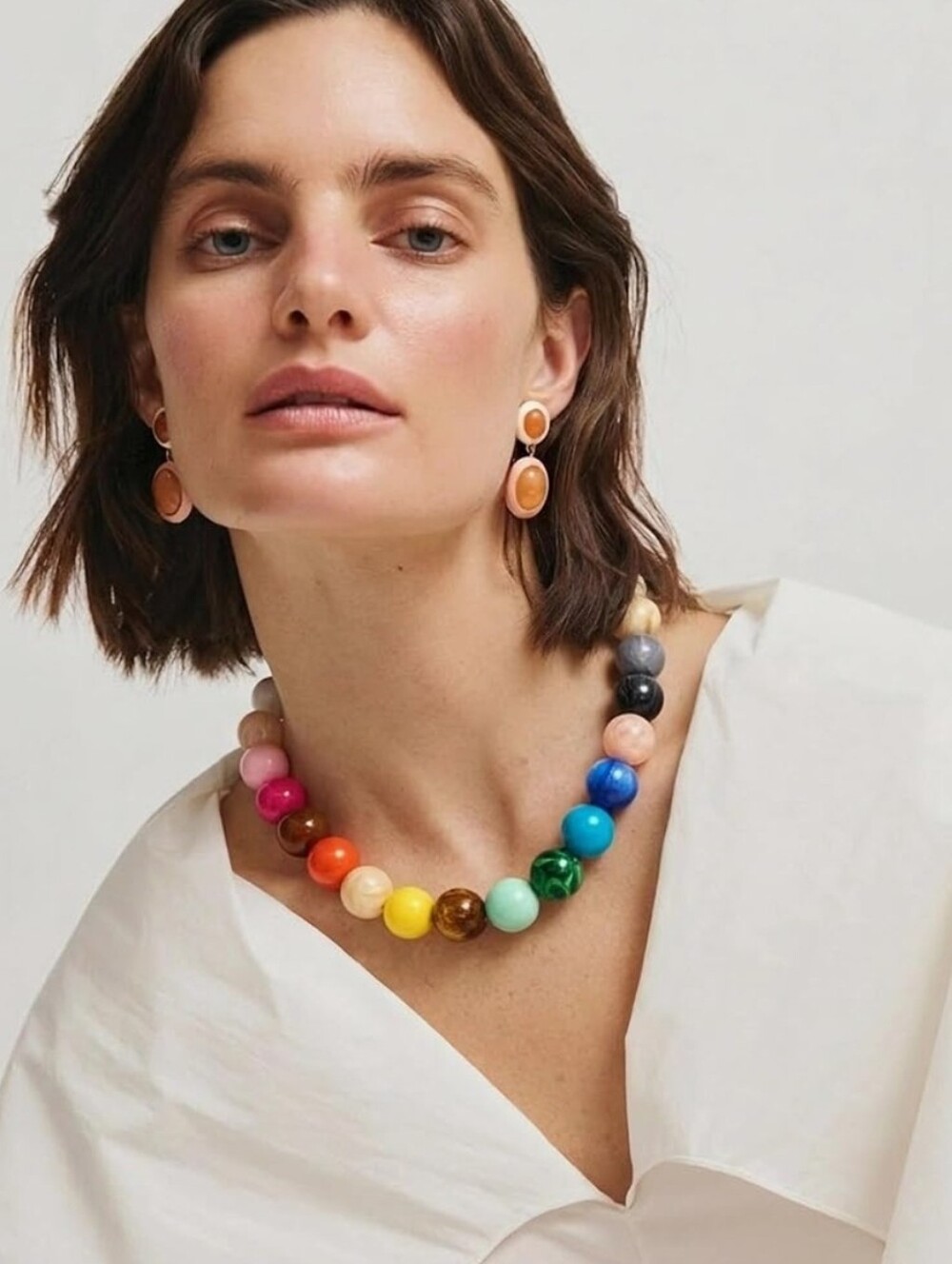 Multi Color Resin Bead Rainbow Statement Necklace Gold Chain - Picture 7 of 7